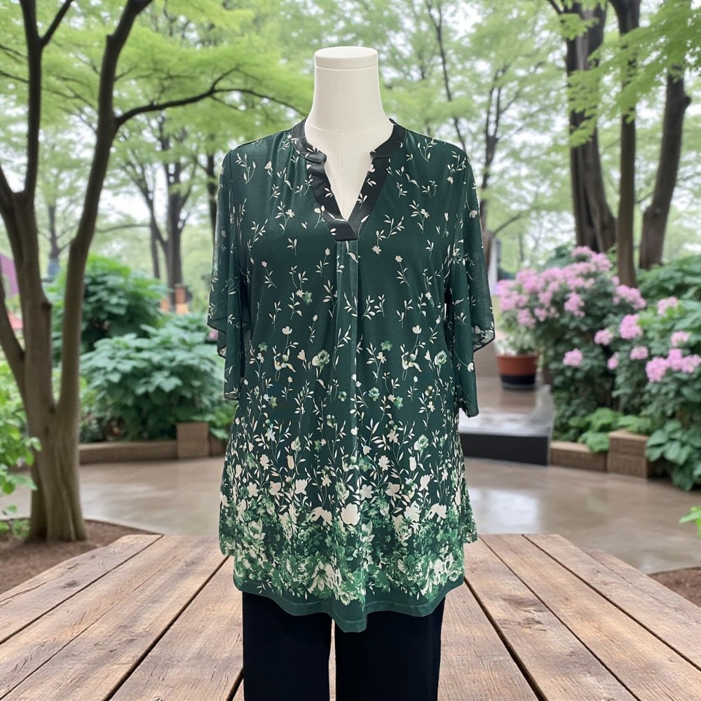 Timeson Womens Size Large Green Floral Chiffon Blouse Flutter‎ Sleeve Boho Top